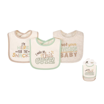 Set of three baby bibs with humorous text designs on a white background